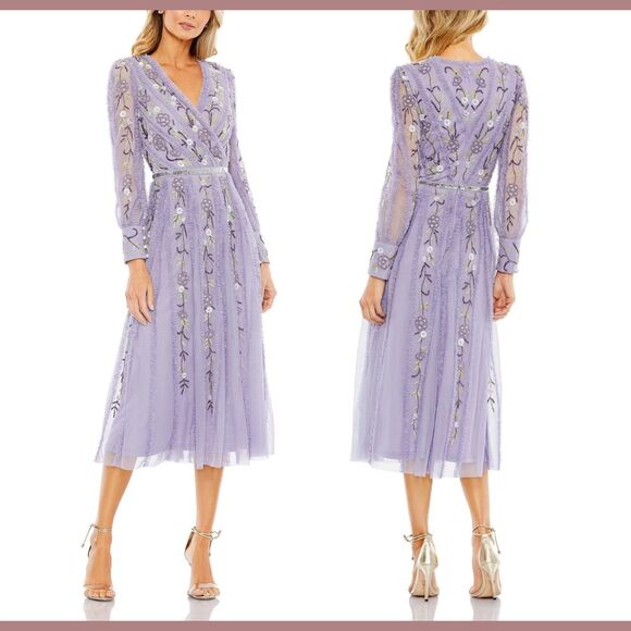 NWT $698 Mac Duggal [ 4 ] Long Sleeve‎ Embroidered Wrap Midi Dress Lilac G1710 - Picture 2 of 16